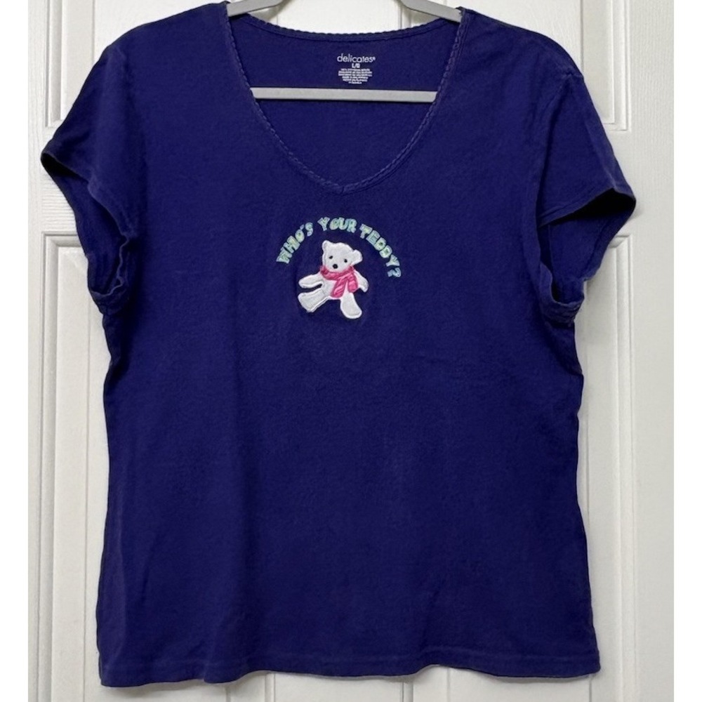 Vintage Delicates Pajama Top Womens L Blue Cotton Teddy Bear Graphic Sleep Y2K